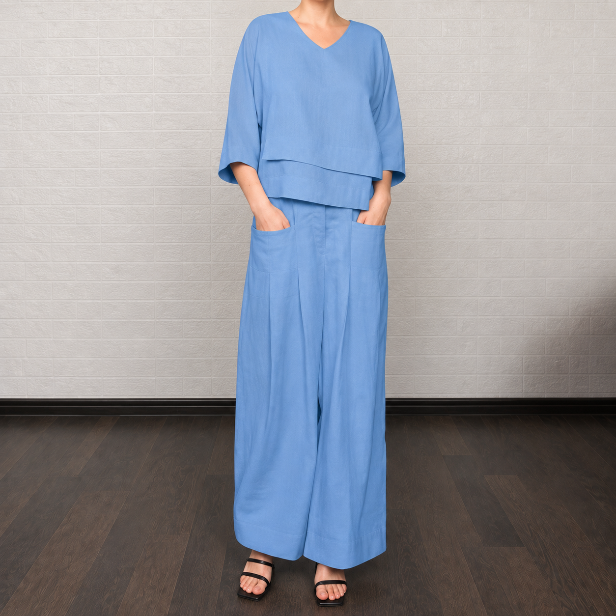 Ensemble deux pièces décontracté à col rond et pantalon large