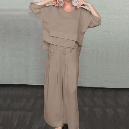 Ensemble deux pièces décontracté à col rond et pantalon large