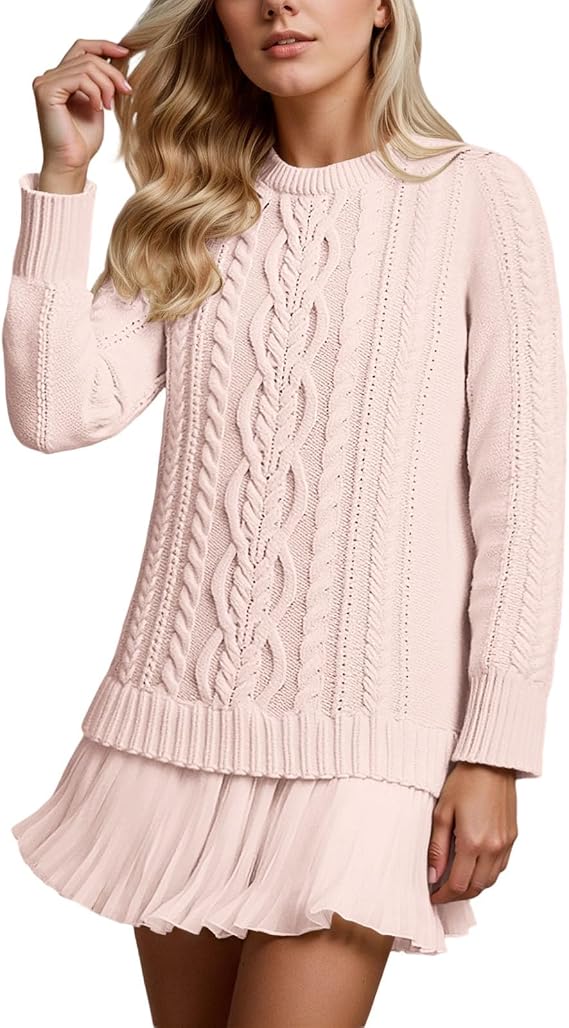 Robe Mini Douce En Maille Torsadée Et Mousseline De Soie, à Col Rond