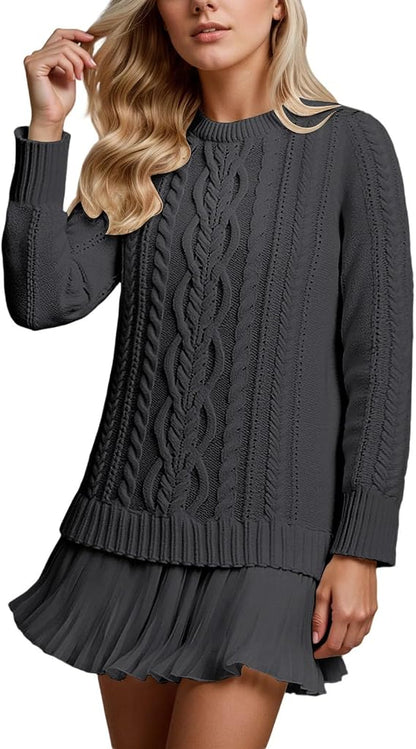 Robe Mini Douce En Maille Torsadée Et Mousseline De Soie, à Col Rond