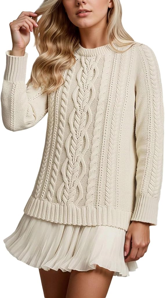 Robe Mini Douce En Maille Torsadée Et Mousseline De Soie, à Col Rond