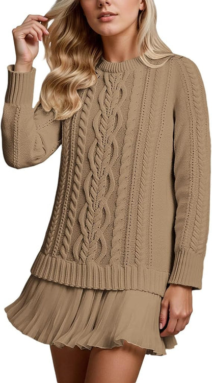 Robe Mini Douce En Maille Torsadée Et Mousseline De Soie, à Col Rond
