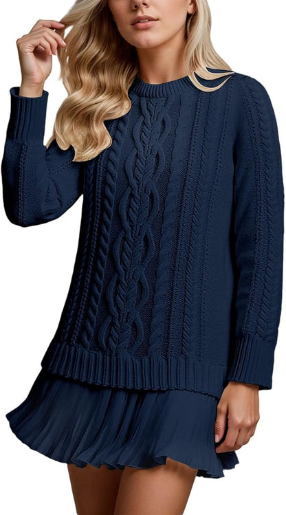 Robe Mini Douce En Maille Torsadée Et Mousseline De Soie, à Col Rond