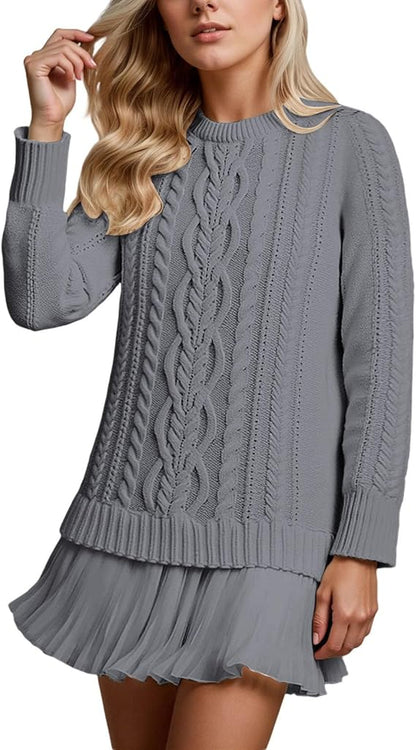 Robe Mini Douce En Maille Torsadée Et Mousseline De Soie, à Col Rond