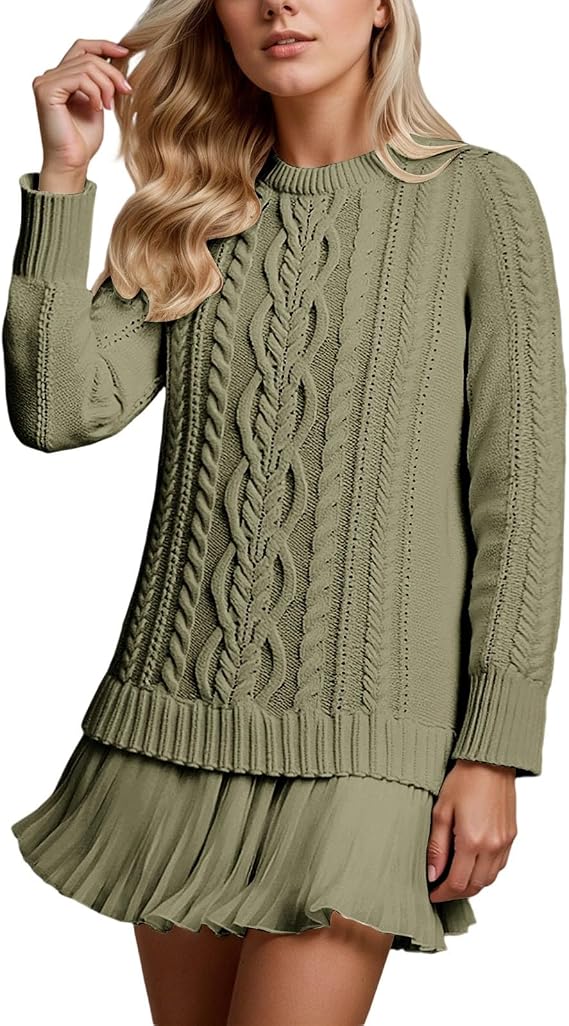 Robe Mini Douce En Maille Torsadée Et Mousseline De Soie, à Col Rond