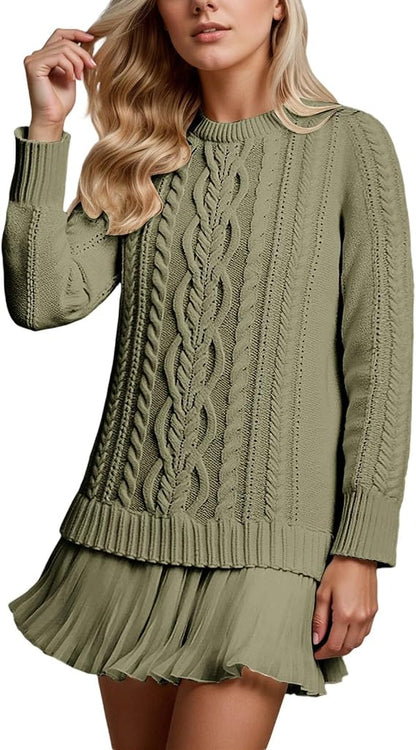 Robe Mini Douce En Maille Torsadée Et Mousseline De Soie, à Col Rond