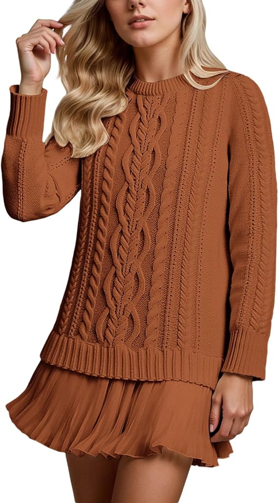 Robe Mini Douce En Maille Torsadée Et Mousseline De Soie, à Col Rond