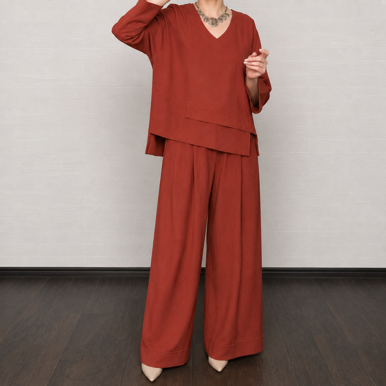 Ensemble deux pièces décontracté à col rond et pantalon large