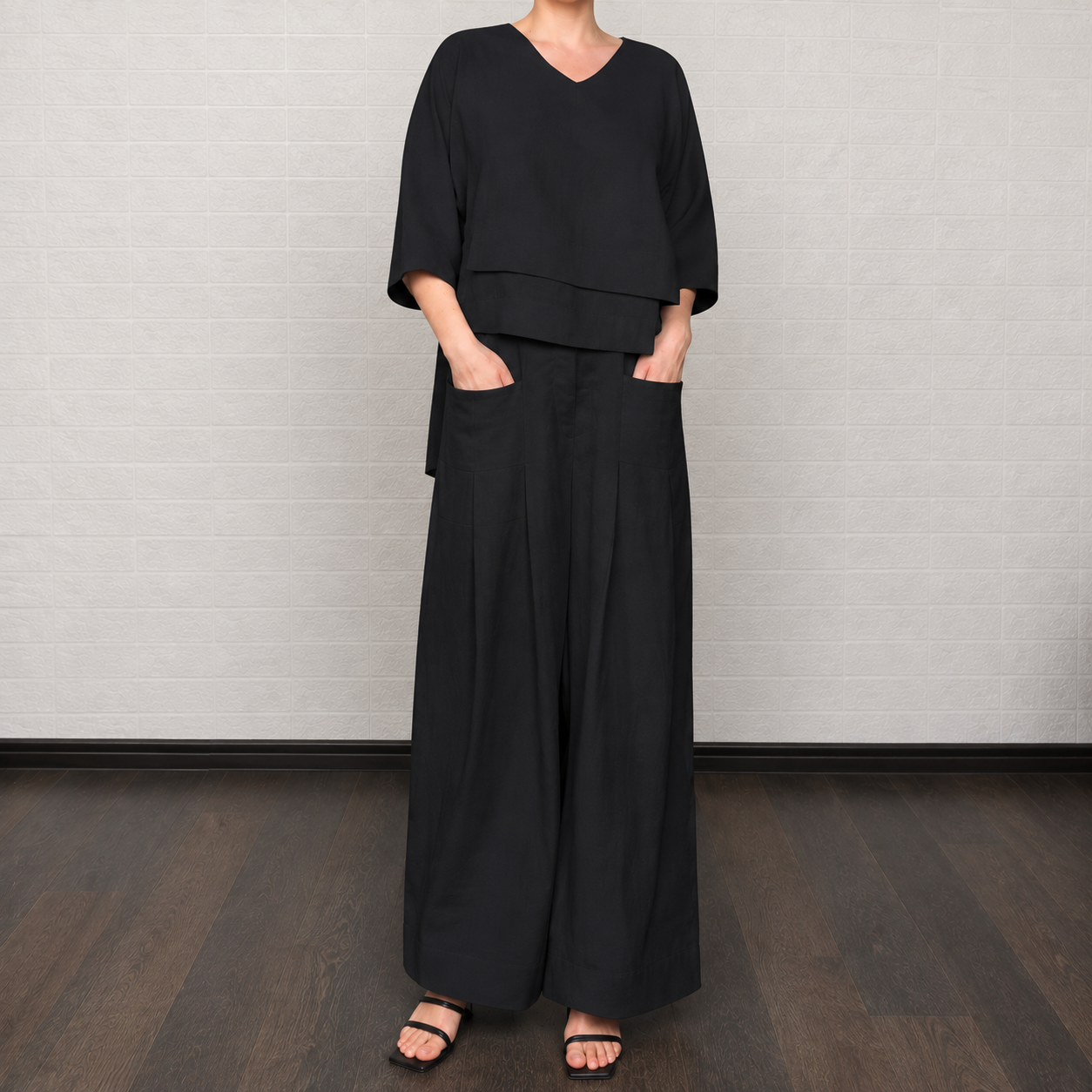 Ensemble deux pièces décontracté à col rond et pantalon large